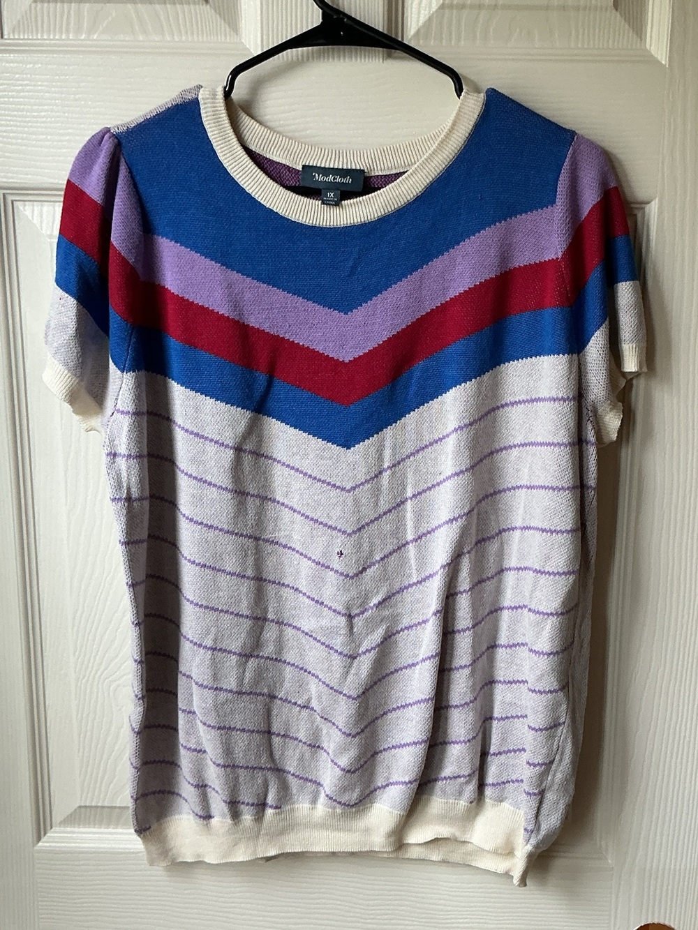 ModCloth Chevron Stripe Short Sleeve Sweater in Blue, Purple, Red, Cream